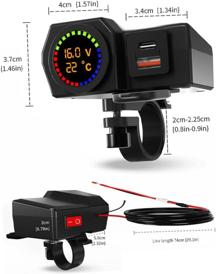 Yardwe Motorrad USB LadegeräT Dual USB -C Temperaturanzeige