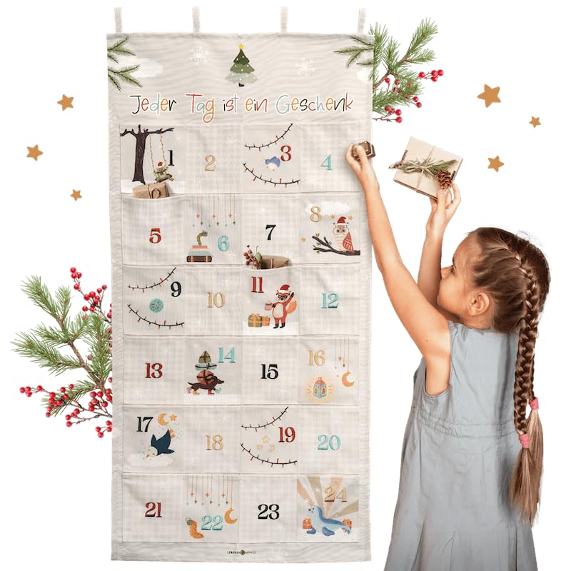 Lebenskompass® Adventskalender zum Befüllen aus Stoff für Kinder - Wandteppich mit 24 Taschen - Stof