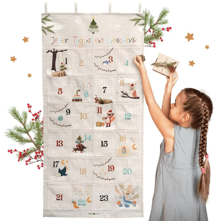 Lebenskompass® Adventskalender zum Befüllen aus Stoff für Kinder - Wandteppich mit 24 Taschen - Stof