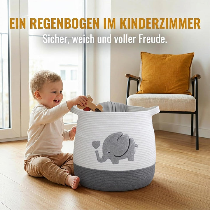 Grosser Aufbewahrungskorb Wickeltisch Korb Kinderzimmer, 39x43cm Elefantenmuster - als Spielzeug Auf