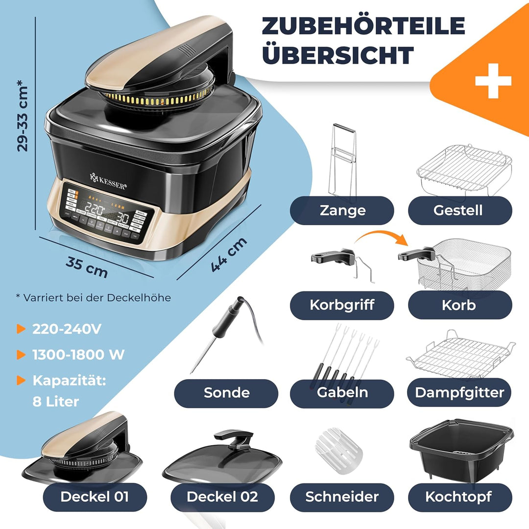 KESSER® Multikocher mit Heissluftfritteuse 8L & 16 Programme Küchengerät - Grillen, Backen, Schmoren