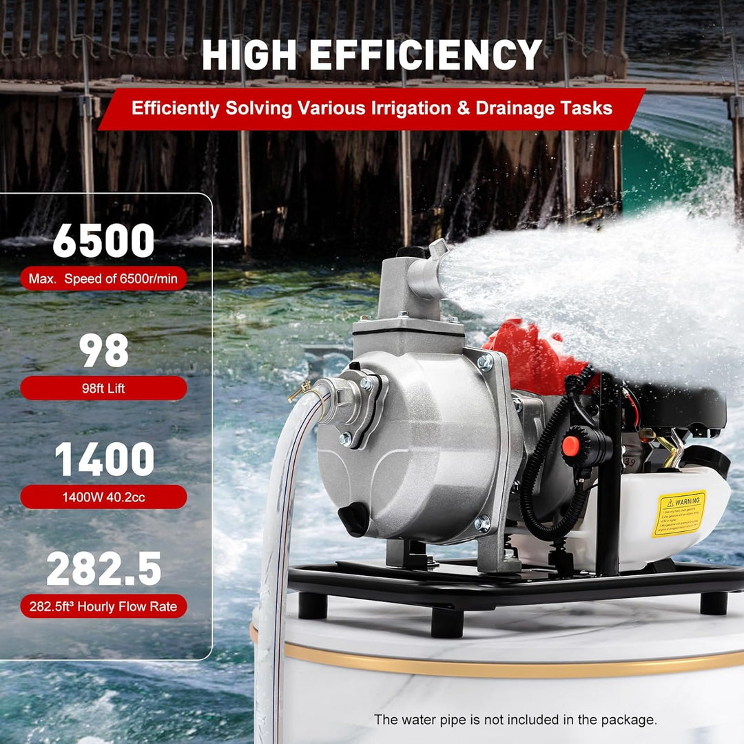 1-Zoll-Gas-Wasserpumpe, 1400W 2-Takt-Benzinmotor Wasserumfüllpumpe Tragbare Hochdruck-Wasserpumpe 40