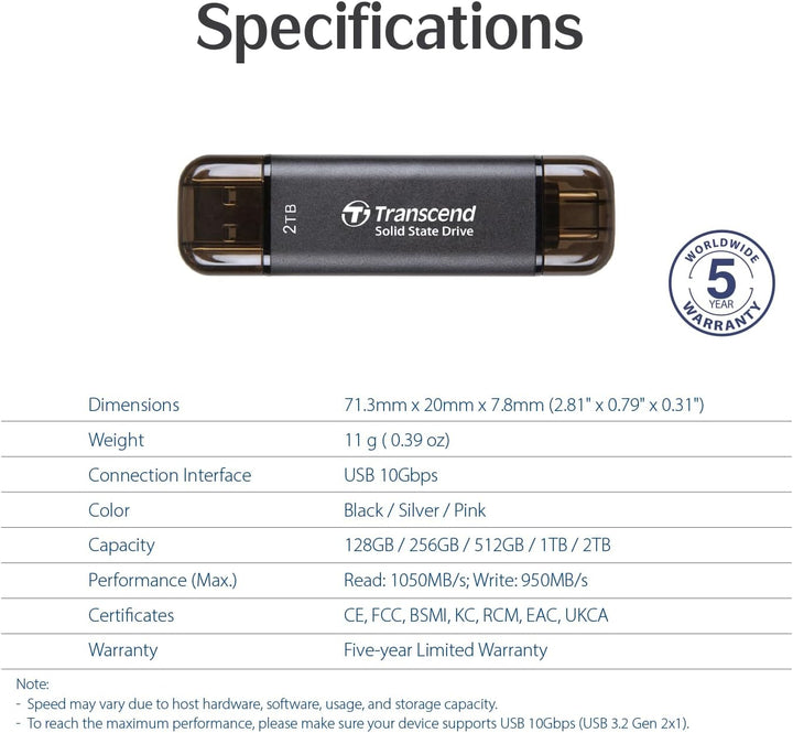 Transcend External SSD 512GB ESD310S USB 2) Silver 2) 512GB, 2) Silver 2) 512GB