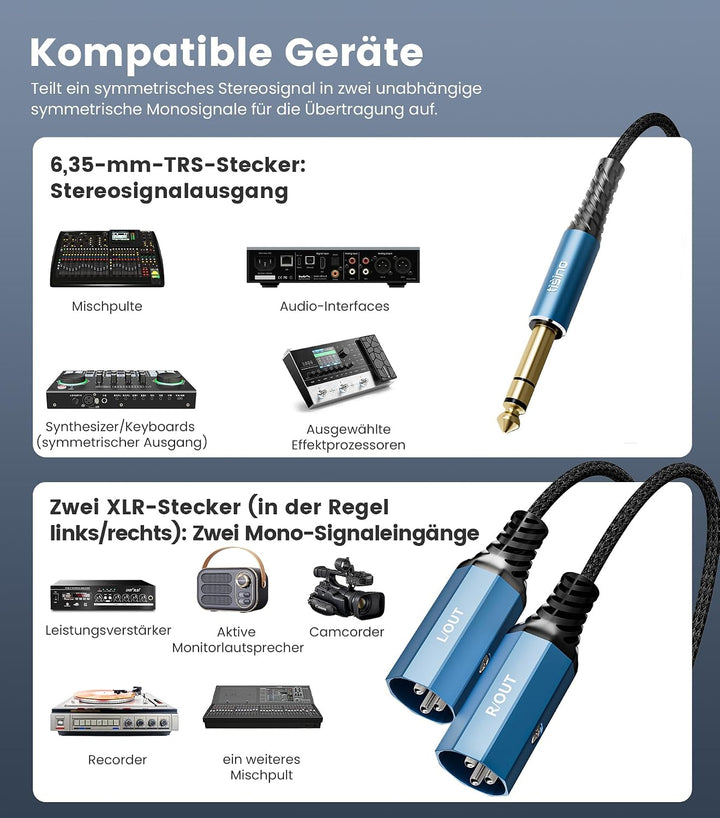 Tisino 6,3mm TRS auf 2 XLR Stecker Y-Kabel (3 m) Stereo-Breakout-Kabel für Mischpulte, Audio-Interfa