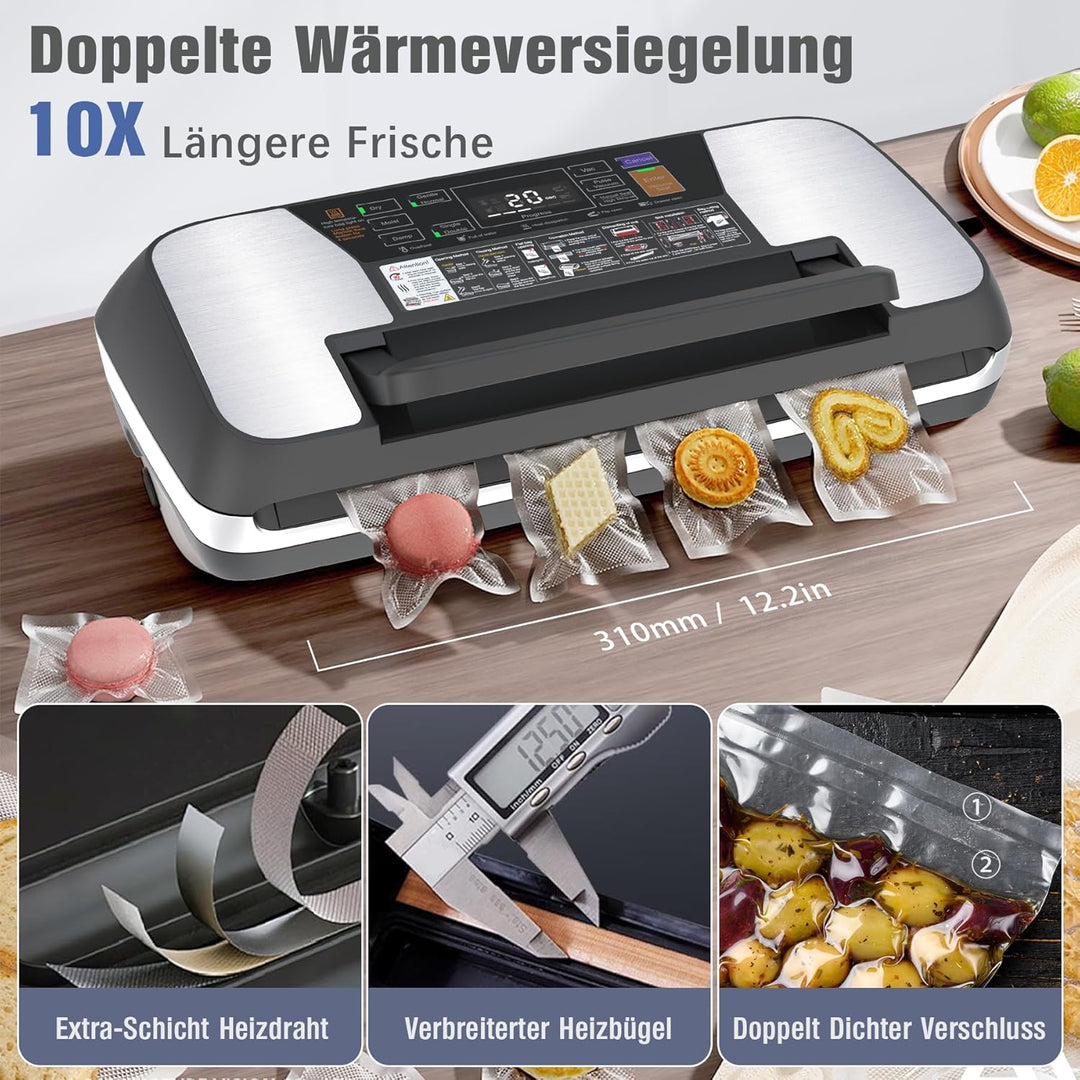 OidoZac 85kPa Vakumierergerät für Lebensmittel, 12-in-1 Folienschweissgerät mit Easy-Lock Griff, Vak