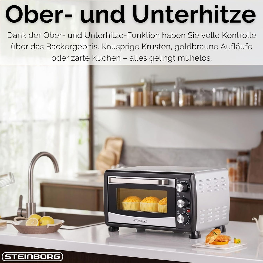 Steinborg® Mini Backofen mit Umluft 20 Liter Pizzaofen Krümelblech Umluftfunktion Ober- und Unterhit