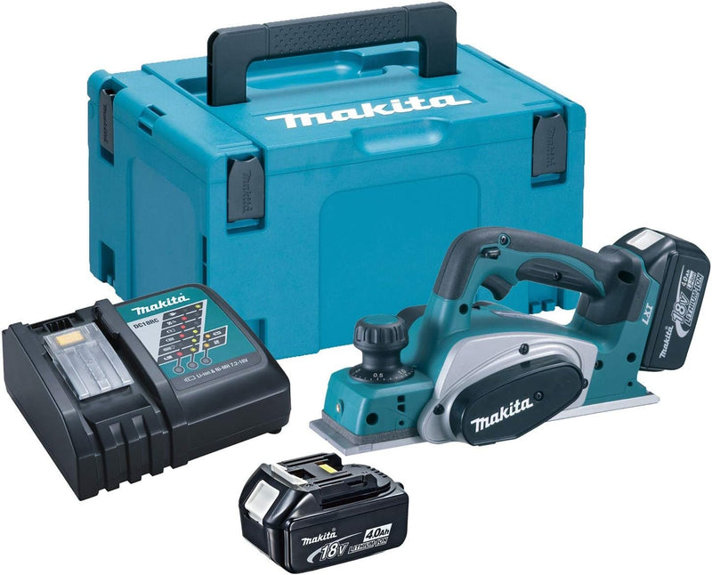 Makita Akku-Hobel 82mm 18 V im Makpac mit 2 Akkus 4,0 Ah + Ladegerät, im MAKPAC mit 2 Akkus 4,0 Ah +