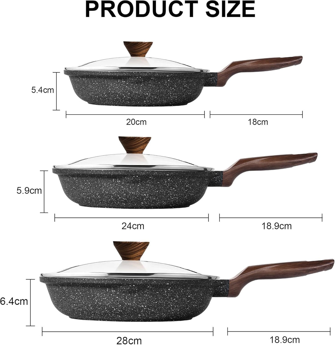 RIOVARM Induktion Bratpfanne Set 20 24 28 cm, Antihaft Granit beschichtung Pfannenset mit Deckeln, B