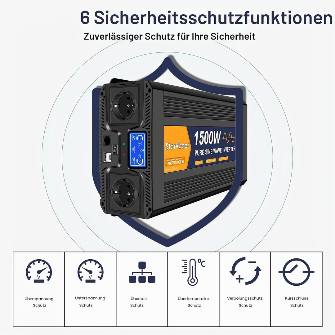 Wechselrichter 1500W/3000W Reiner Sinus 12V auf 230V Spannungswandler mit LCD &amp; Fernbedienung, 2X EU