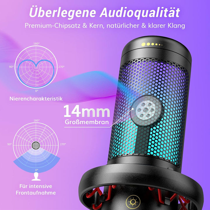 TONOR Gaming Mikrofon PC mit RGB-Modi & Helligkeit einstellbar, USB/Type-C Microphone für Streaming