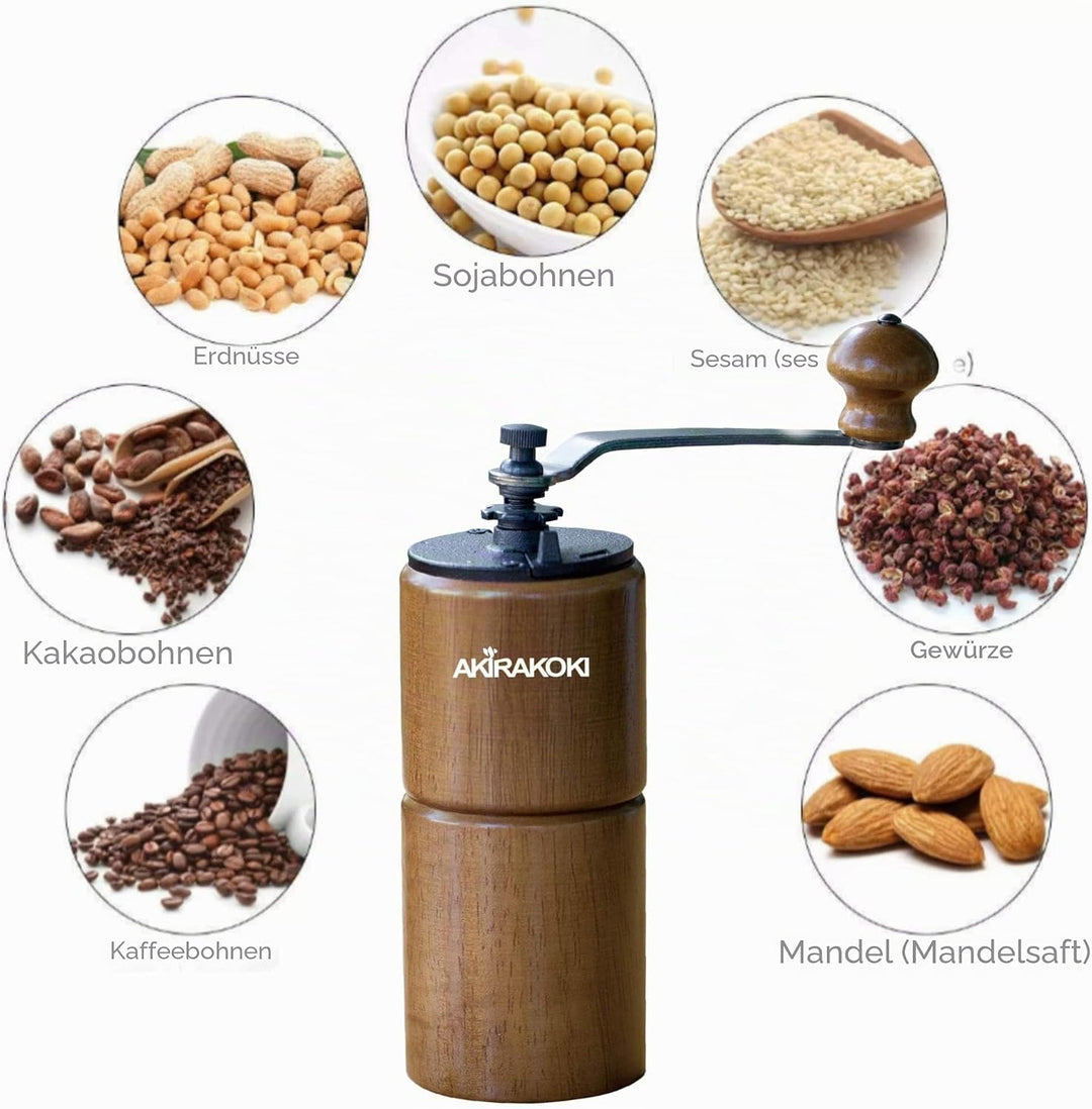 Akirakoki Manuelle Kaffeemühle aus Holz mit Gusseisen-Grat, grosse Kapazität, Handkurbel, tragbar, R