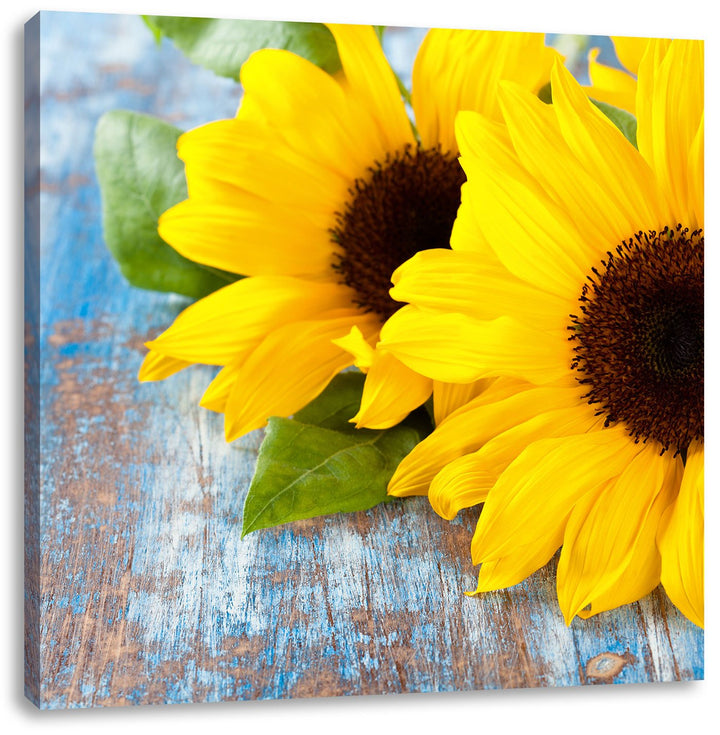 Pixxprint Sonnenblumen auf Holztisch als Leinwandbild/Grösse: 70x70 cm/Wandbild/Kunstdruck/fertig be
