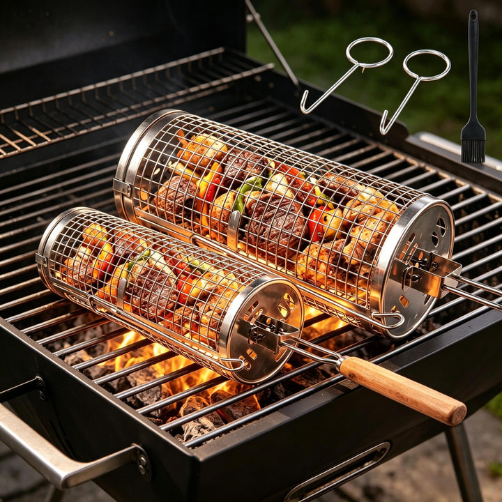 Rollender Grillkorb 2er Set,Nestbar Rollgrillkorb Abnehmbarem Holzgriff Doppelte Öffnung Edelstahl 3