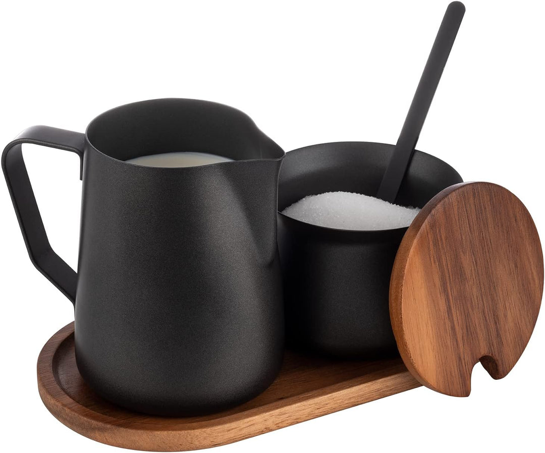 APS 634 Milch- und Zucker-Set, 5-tlg. Set, Akazienholz, Edelstahl, antihaft beschichtet, schwarz, Sc