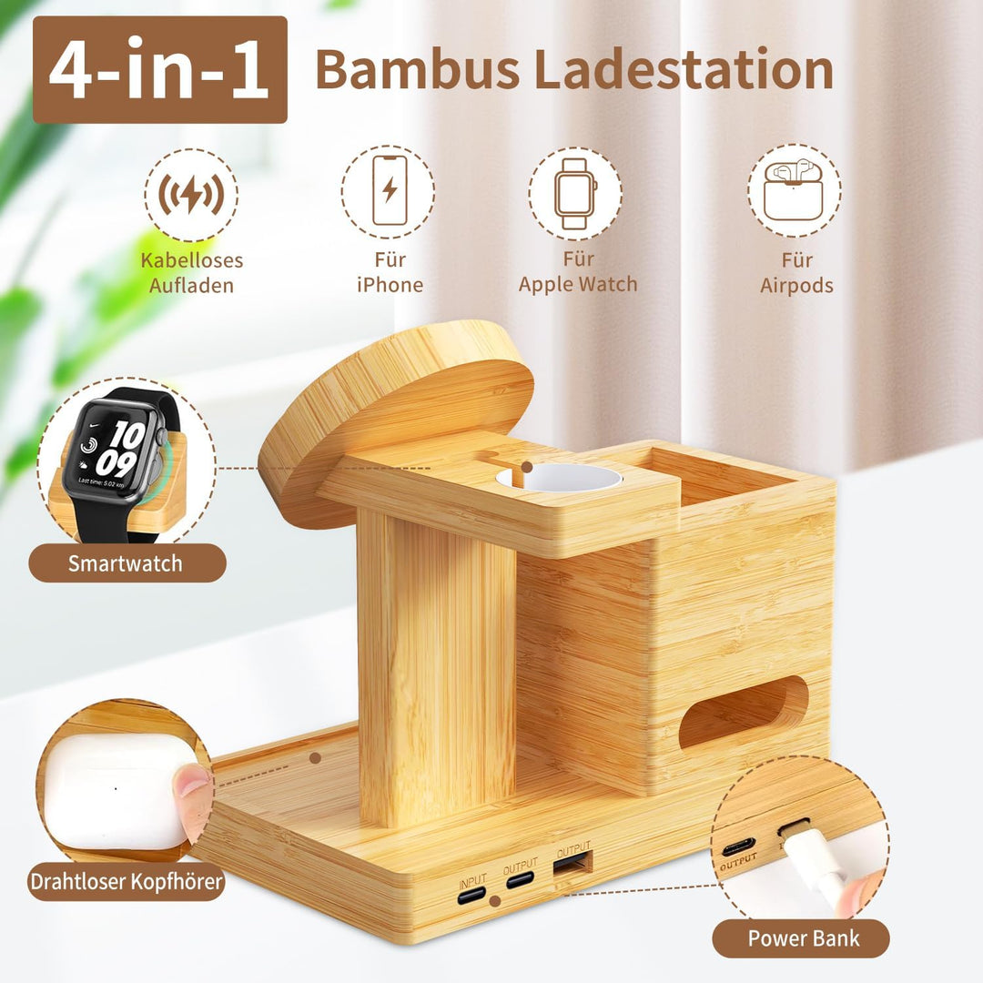 Drahtloser Ladeständer für Mag-Safe - 4 in 1 drahtlose Ladestation mit Stifthalter, Bambus-Schnellla