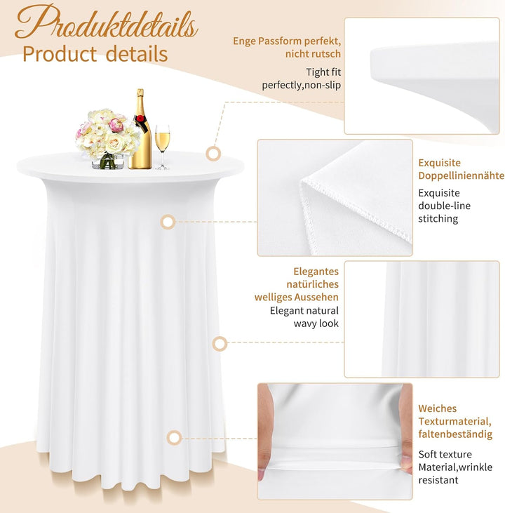 3 Packs Spandex Cocktail Tischdecke mit Röcken 60x110cm, weisser Stretch Cocktail Tischtuch für hohe