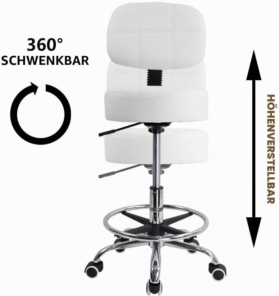 KKTONER Rollhocker Arbeitshocker mit Rückenlehne Höhenverstellbarer 53-68cm Salon Hocker PU Leder We