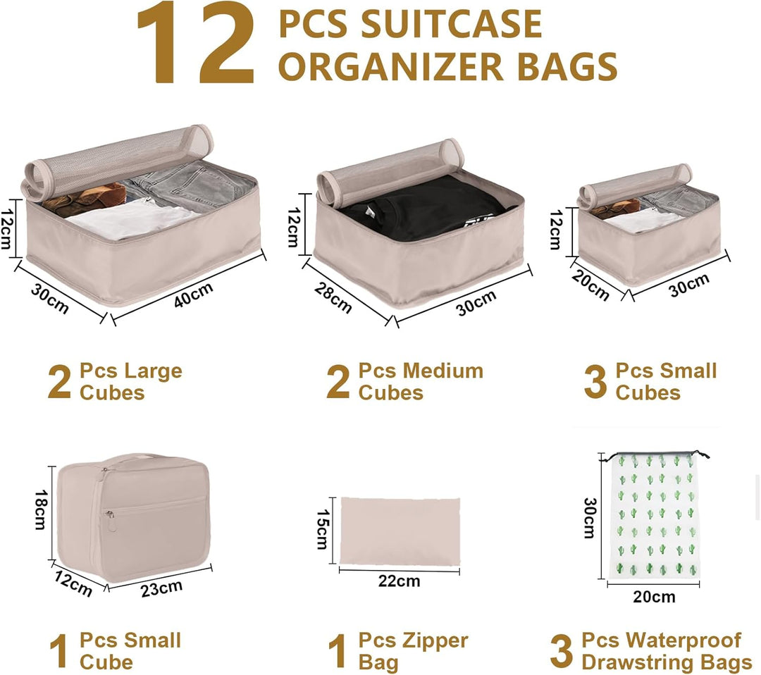 Grosse Koffer Organizer Set 12-teilig, Wasserdichte Packwürfel, Travel Organizer zum Gepäckpacken, F