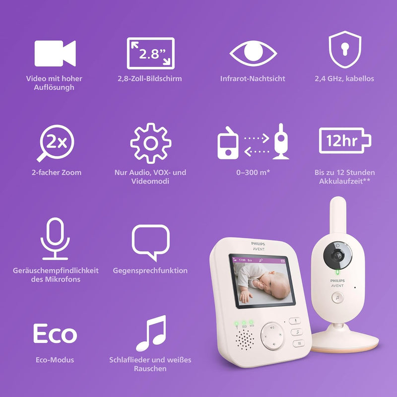 Philips Avent Babyphone mit Kamera Advanced, 1080p – sicheres Video Babyphone, 2,8 Zoll Bildschirm,