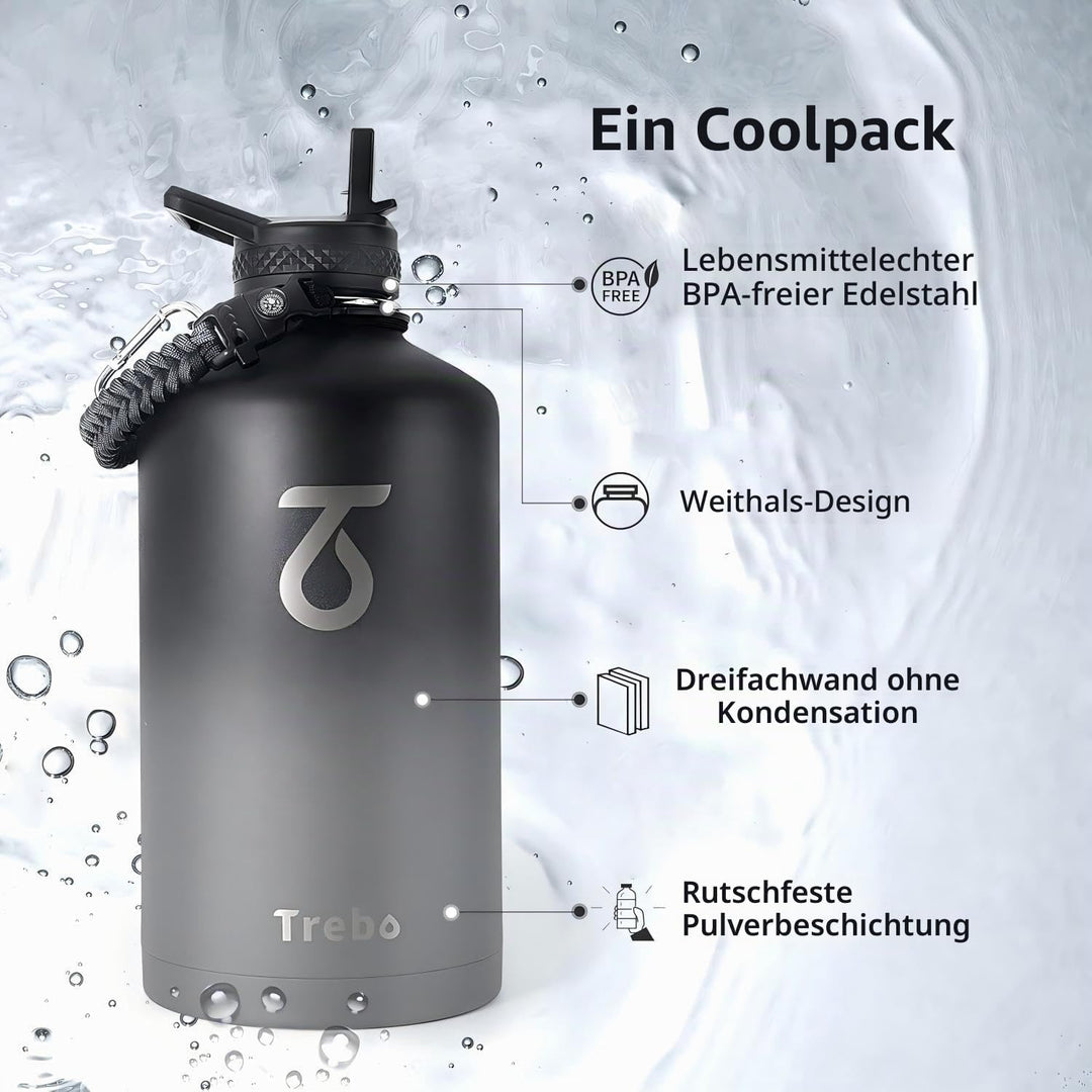 Trebo Ein Gallon Wasserflasche isoliert mit Paracord-Griff, 3.6 l Edelstahl, grosser Sportkrug in Le