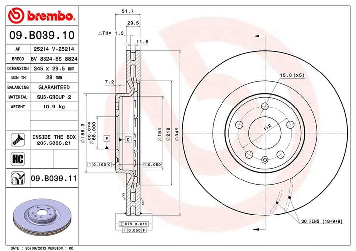 Brembo 09.B039.11 COATED DISC LINE Bremsscheibe - 1 Stück
