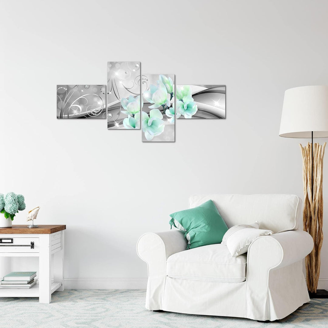 Runa Art Bild Modern Blumen Abstrakt - Made in Germany - Wandbilder Diamant Grau Türkis 4 Teilig 035
