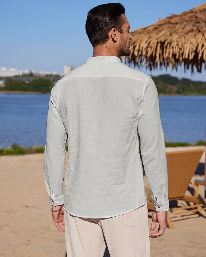 YAOBAOLE Herrenhemd, Leinen, Langarm, Sommer, Mao, lässig, Henley, Strandhemd, klassisch XL Hellgrau
