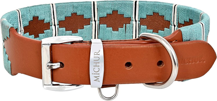 MICHUR Pippa Braun Blau Türkis Baumwollgarn Hundehalsband Leder, Lederhalsband Hund, Halsband, Leder
