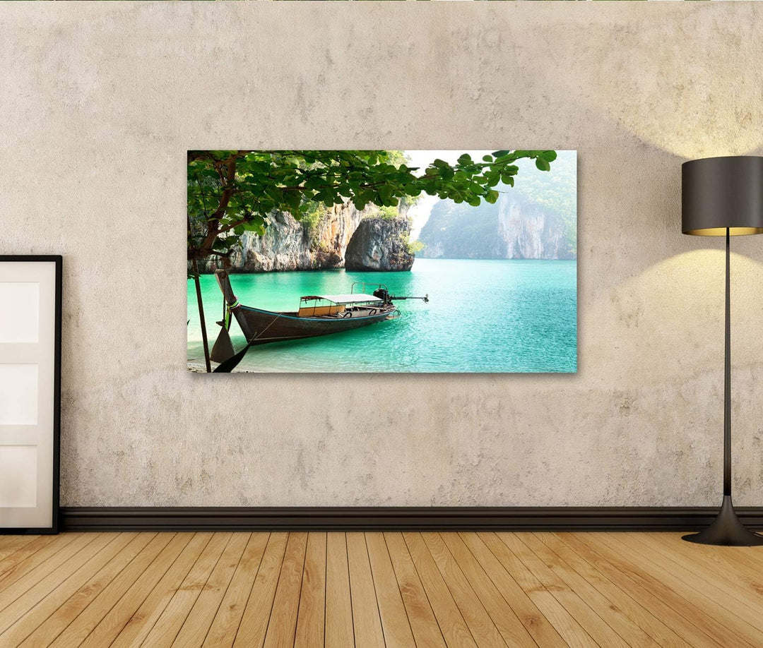 Bild auf Leinwand Langes Boot Auf Die Insel In Thailand Wandbild Poster Kunstdruck Bilder, 80L x 40B
