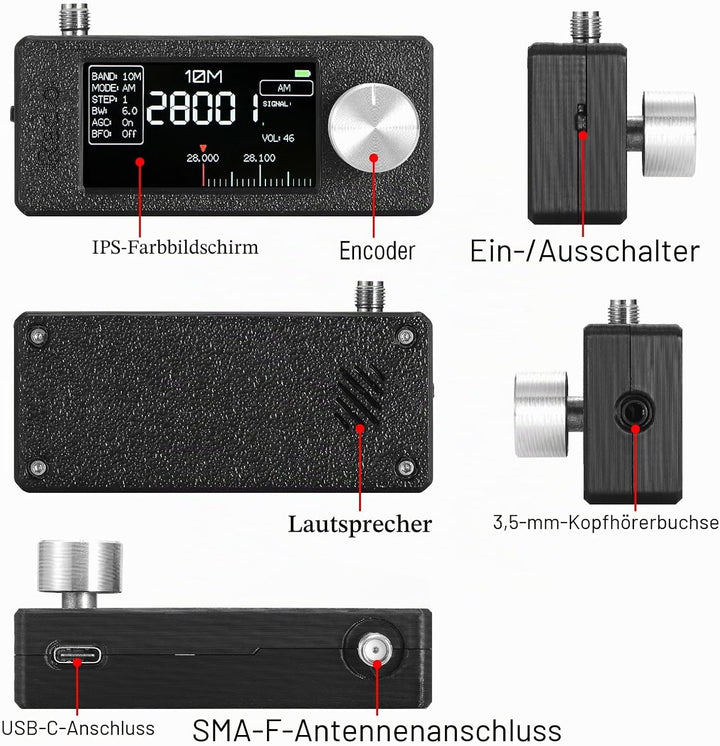 Raddy Mini-Radio Allband DSP Radio mit Si4732 Chip, FM/SW/MW/VHF/CB Empfänger mit LSB/USB Modi, Kopf