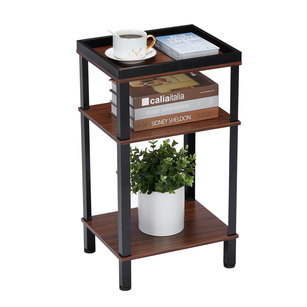 Beistelltisch Industrial Design, Nachttisch mit 3 Ebenen &amp; Hohem Rand, Kleiner Sofatisch Holzoptik D