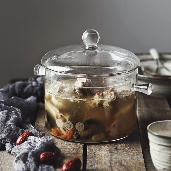 1.5L Glastopf zum Kochen, hochtemperaturbeständiger transparenter Glas Suppentopf mit Doppelgriff un