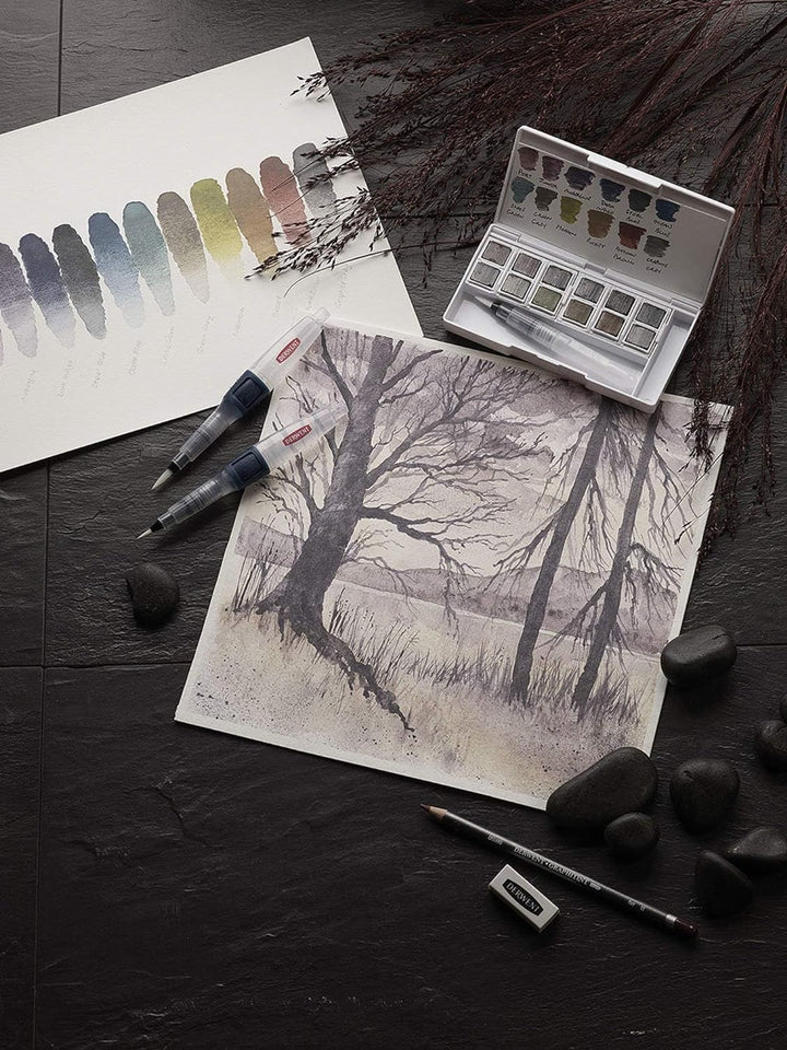 Derwent Graphitint Tragbare Palette mit 12 Farben, Paint Travel Set Palette, Wassertankpinsel & Schw