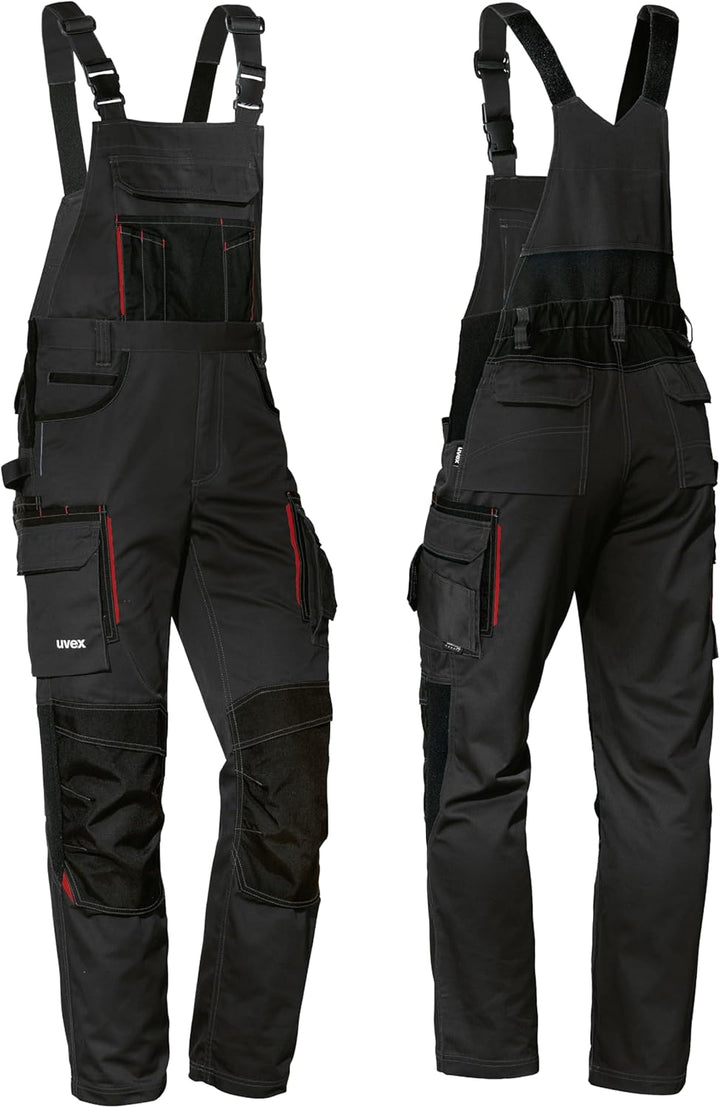 Uvex Tune-up Lange Herren-Arbeitshose - Lange Latzhose mit Knietaschen 42 Schwarz/Active red, 42 Sch