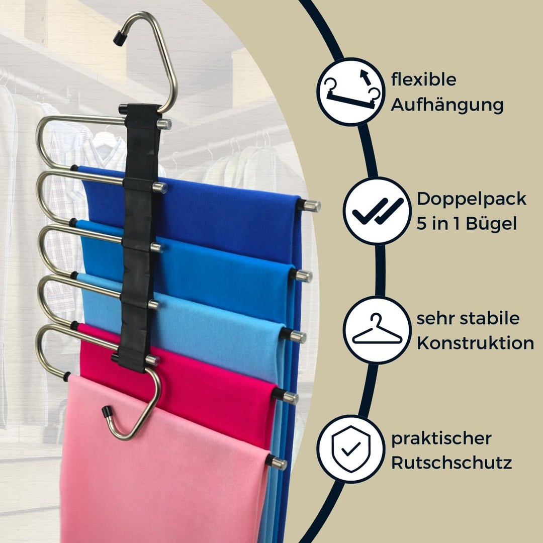 Kleiderbügel platzsparend 2X mehrfach Hosenbügel mit Rutschschutz - 5in1 Hosenaufhängung - Kleidersc