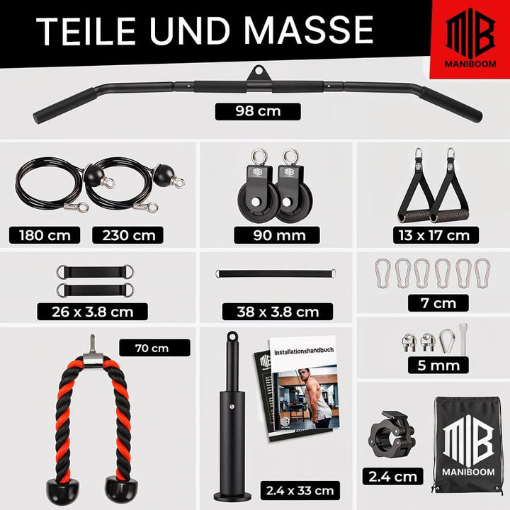 Seilzug Fitness - Pulley System mit 2-in-1-Stange + Trizepsseil + Griffen Equipment Einstellbar Kabe