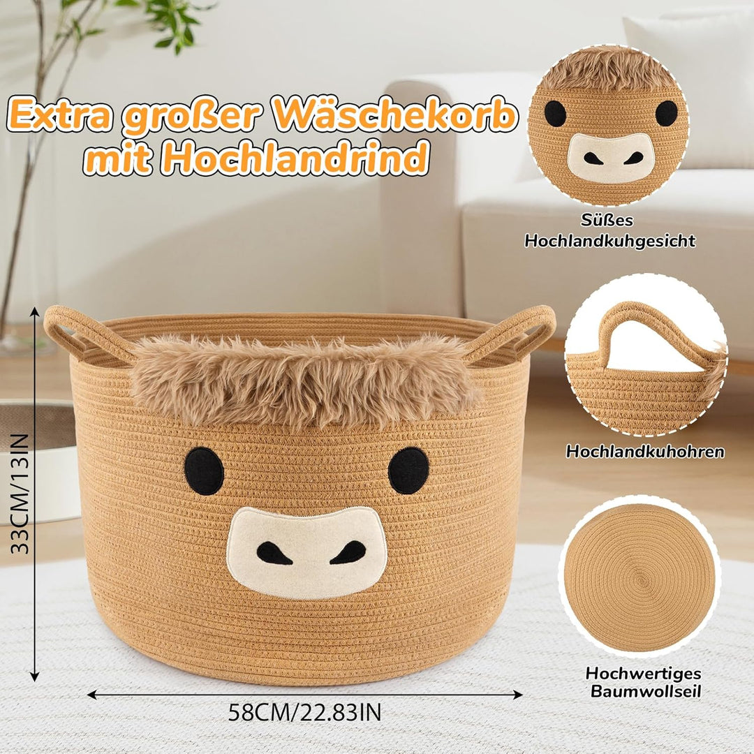 Aufbewahrungskorb - Highland Cow Korb Geflochten,Niedlich Kuh Geschenkkorb mit Griffe,Highland Cow A
