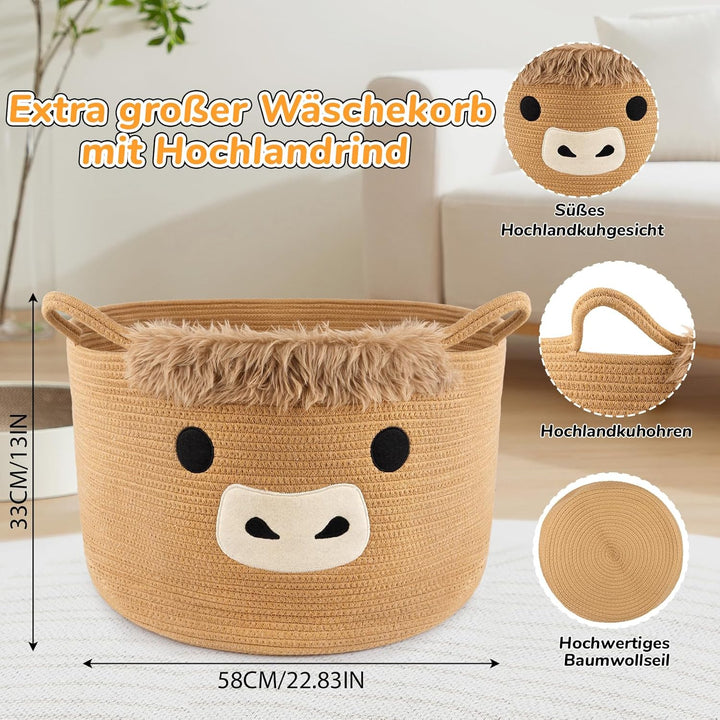 Aufbewahrungskorb - Highland Cow Korb Geflochten,Niedlich Kuh Geschenkkorb mit Griffe,Highland Cow A