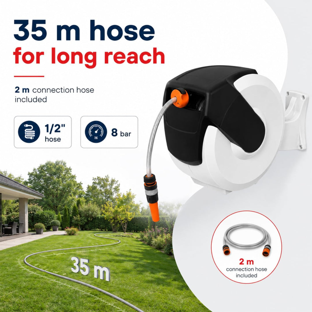 Home It® Schlauchbox 35m | Schlauchaufroller Schlauchbox mit 180° Drehung | PVC Gartenschlauch, Auto