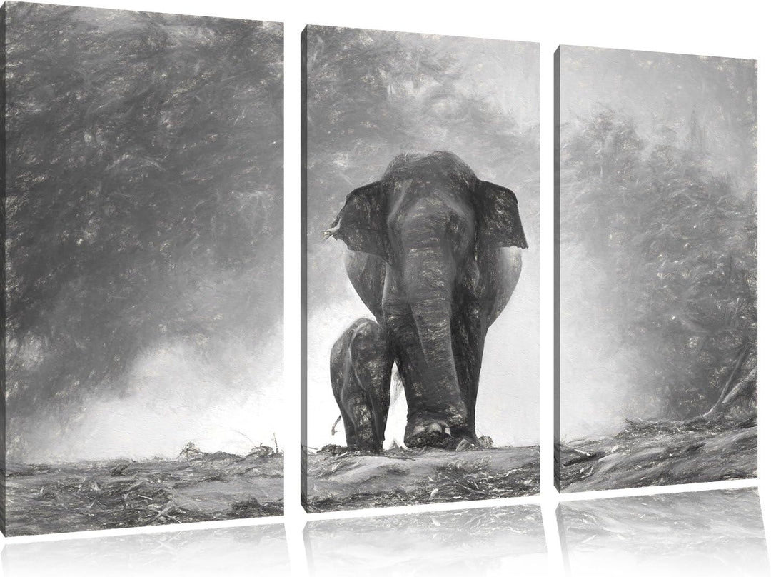 Pixxprint Elefanten Baby Mama als Leinwandbild/Grösse: 3 Teilig (120x80 cm) cm/Wandbild/Kunstdruck/f