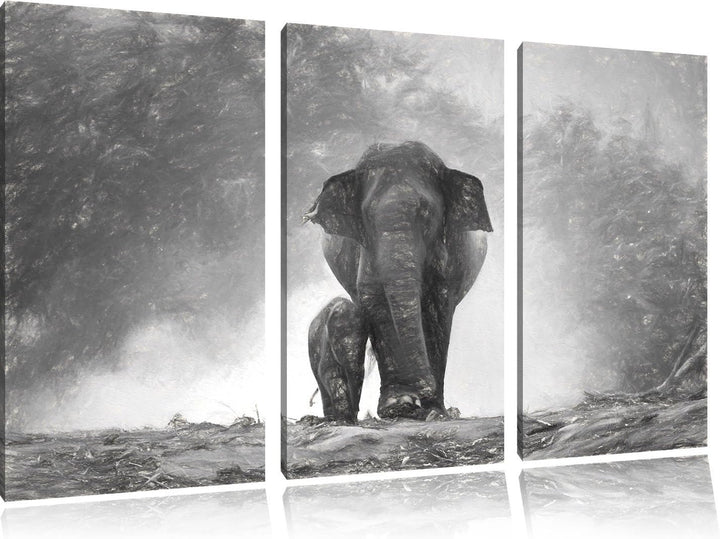 Pixxprint Elefanten Baby Mama als Leinwandbild/Grösse: 3 Teilig (120x80 cm) cm/Wandbild/Kunstdruck/f