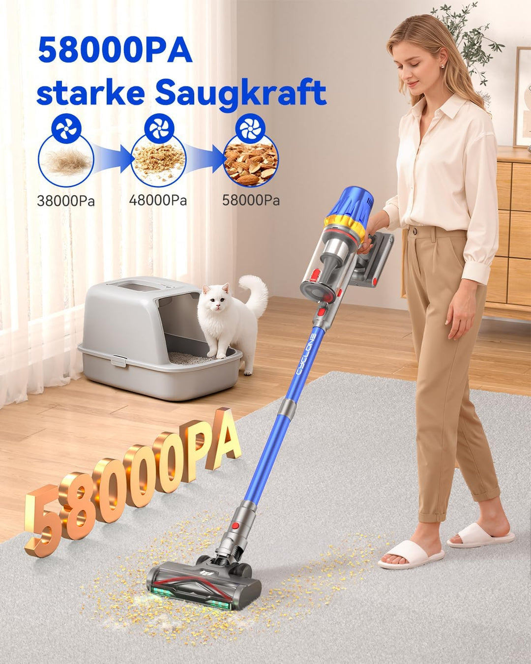 H9 Akku Staubsauger 58000Pa/650W/80Min, Staubsauger Kabellos mit LED-Touchscreen, Selbststehender Ak