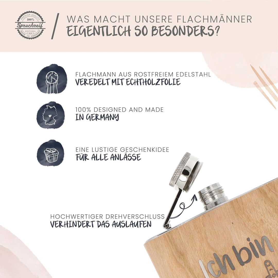 Spruchreif | Flachmann aus Edelstahl mit Gravur | Flachmann aus Holz | Outdoor Geschenk | Geschenk f