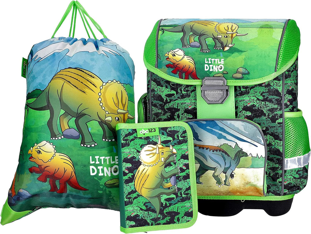 Dinosaurier Schulranzen Set Junge 1 KLASSE | Set 3 TEILIG FÜR GRUNDSCHULE | SUPER LEICHT | ERGONOMIS