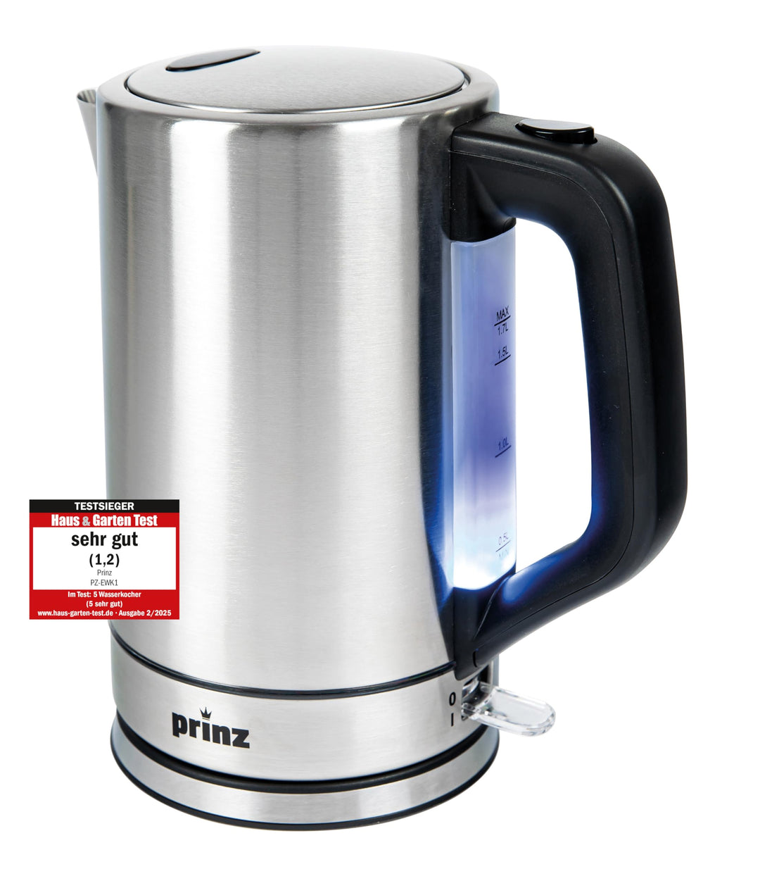 Prinz Edelstahl-Wasserkocher PZ-EWK1 – Testsieger Haus & Garten Test 02/2025 (Note 1,2 „Sehr gut“) –