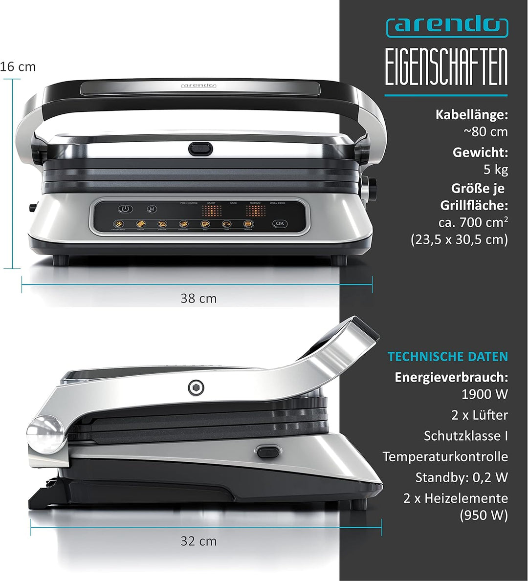 Arendo - Kontaktgrill Elektrogrill - elektrischer Tischgrill - Sandwichmaker - Multi Grill mit Digit