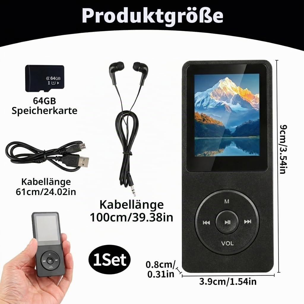 MP3 Player Bluetooth 5.3 mit 64 GB Speicher, 1,8" TFT Farbdisplay, Integriertem Lautsprecher, HiFi M