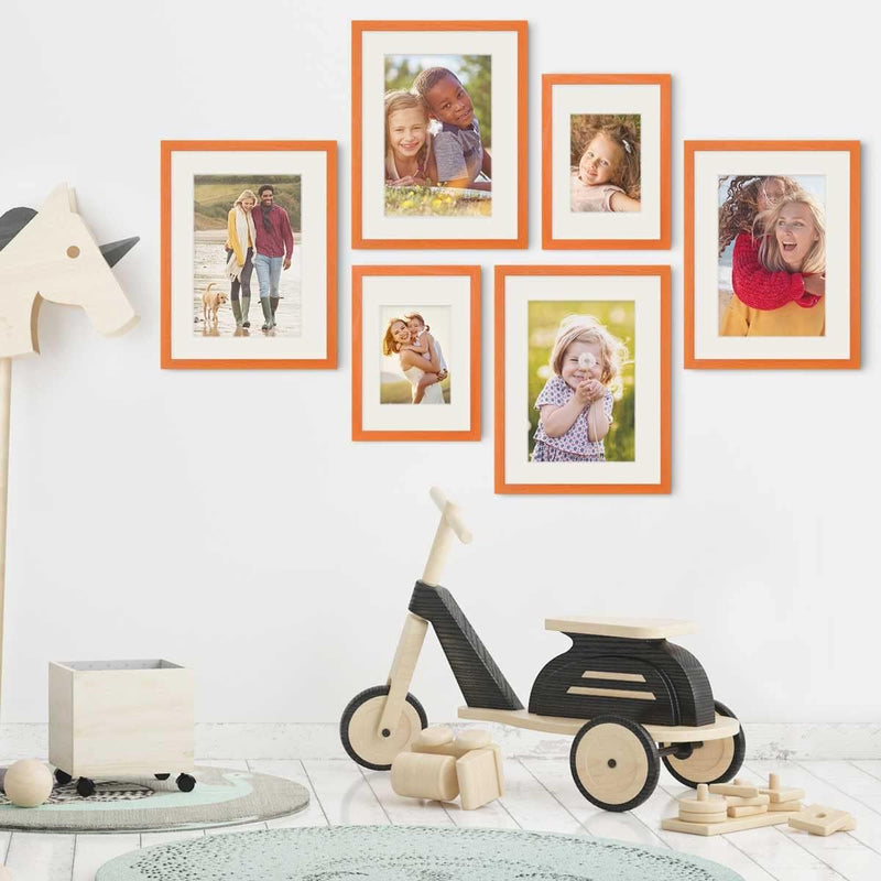 PHOTOLINI Bilderrahmen-Set Kinderzimmer A4 21x30, 30x40 cm Orange mit Passepartout, 6er Set Wechselr