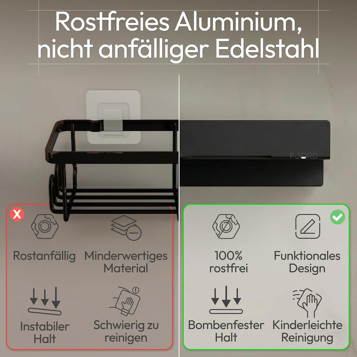 FJORD Flow Premium Duschablage ohne Bohren [Matt Schwarz] – Design Duschregal mit integriertem Rasie