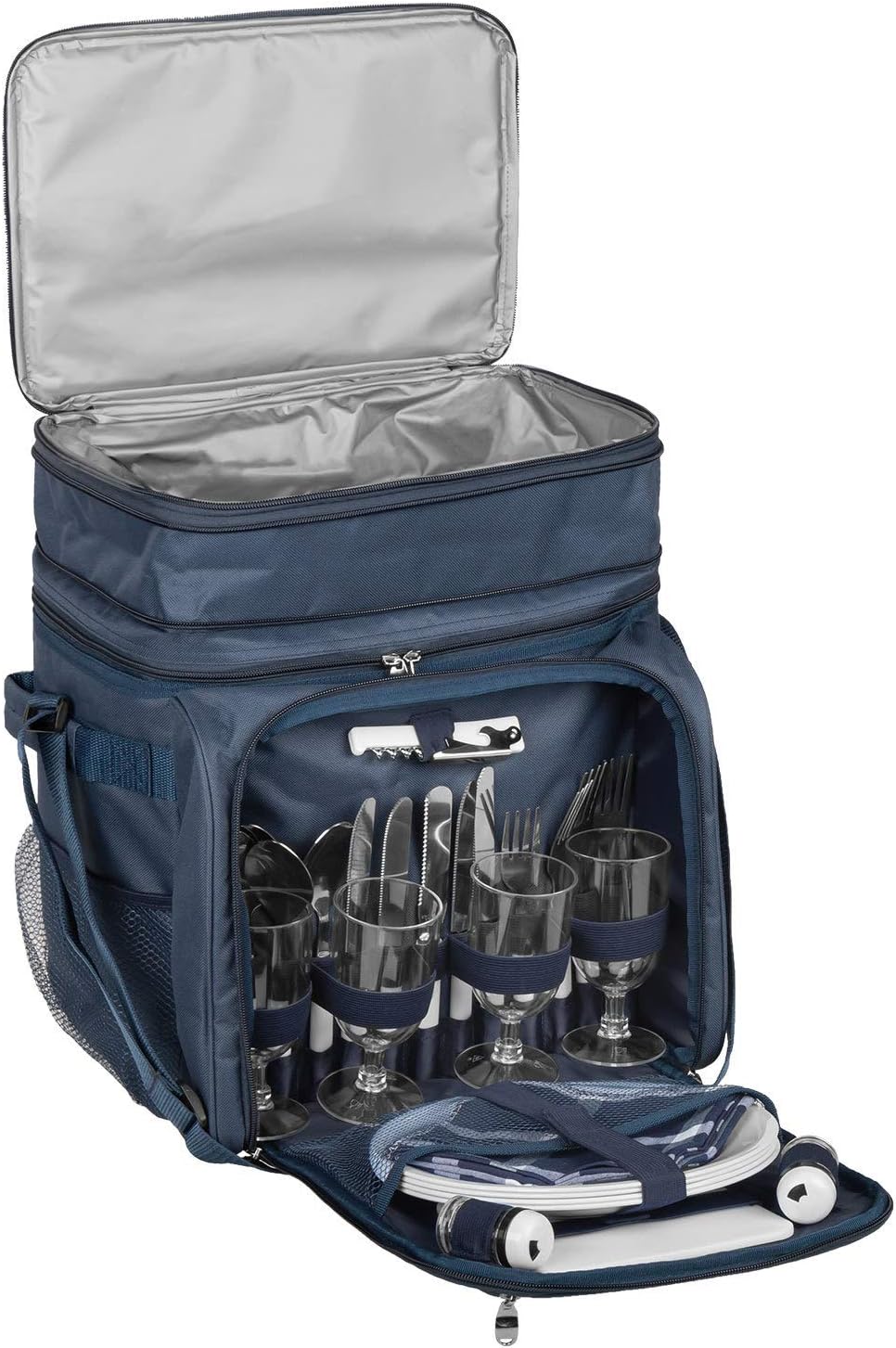 anndora Picknicktasche blau weiss Kühltasche inkl. Zubehör 4 Personen 29 Teile Navy Blau Weiss, Navy